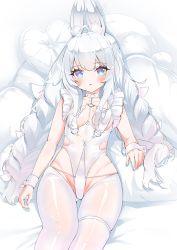 Rule 34 | 1girl, absurdres, ahoge, animal ears, azur lane, blunt bangs, braid, breasts, choker, cleavage, commentary request, fake animal ears, from above, grey eyes, groin, hair between eyes, hairband, highres, le malin (azur lane), le malin (listless lapin) (azur lane), leotard, long hair, looking at viewer, looking up, lying, marumai, official alternate costume, parted lips, playboy bunny, rabbit ears, sidelocks, simple background, small breasts, solo, symbol-shaped pupils, twin braids, twintails, white hair, white theme, wrist cuffs