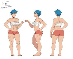Rule 34 | 1girl, ass, barefoot, blue hair, breasts, from behind, from side, full body, hand on own ass, large breasts, looking at viewer, midriff, multiple scars, multiple views, original, patreon username, pointing, profile, sarashi, scar, sgt crisis, short hair, short shorts, shorts, simple background, toned, toned female, watermark, web address, white background, zoey (sgt crisis)