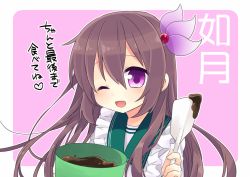 Rule 34 | 10s, 1girl, apron, brown hair, chocolate, gift, hair between eyes, hair ornament, kantai collection, kisaragi (kancolle), long hair, looking at viewer, mixing bowl, nagasioo, one eye closed, open mouth, purple eyes, school uniform, serafuku, smile, solo, spoon, translation request, valentine