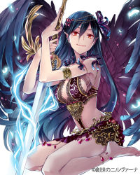 Rule 34 | 1girl, anklet, barefoot, blue hair, copyright request, feathered wings, glowing, glowing weapon, holding, holding weapon, jewelry, long hair, looking at viewer, lots of jewelry, mikuni (mikunik), official art, original, pointy ears, red eyes, sitting, skirt, smile, solo, sousei no nirvana, sword, watermark, weapon, white background, wings