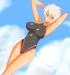 Rule 34 | 1girl, blazblue, blazblue: chronophantasma, breasts, bullet (blazblue), competition swimsuit, large breasts, one-piece swimsuit, scar, short hair, solo, swimsuit, tan, white hair