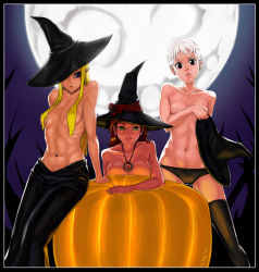 Rule 34 | 3girls, black legwear, black panties, blonde hair, blue eyes, breasts, censored, cleavage, collarbone, convenient censoring, covering privates, covering breasts, elf, flat chest, full moon, hair censor, hair over breasts, halloween, hat, hat over one eye, jewelry, large breasts, linistic, long hair, long skirt, midriff, mole, moon, moonlight, multiple girls, navel, necklace, one eye covered, original, panties, pointy ears, pumpkin, red hair, short hair, skirt, stomach, thighhighs, toned, topless, underwear, white hair, witch hat, yellow eyes