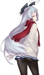 Rule 34 | 10s, 1girl, ass, cowboy shot, dated, hand in pocket, headgear, kantai collection, long hair, long sleeves, looking to the side, murakumo (kancolle), open mouth, orange eyes, pantyhose, red scarf, rokuwata tomoe, scarf, silver hair, simple background, solo, sweater, thighband pantyhose, twitter username, upper body, white background