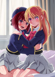 Rule 34 | 2girls, absurdres, arima kana, bed sheet, beret, black bow, black vest, blonde hair, blue headwear, blue jacket, blunt bangs, blush, bob cut, bow, cat-opa-25, closed mouth, collared shirt, commentary, cowboy shot, cropped jacket, curtains, grey skirt, hair between eyes, hand on another&#039;s head, hand on another&#039;s shoulder, hat, hat bow, highres, hoshino ruby, indoors, inverted bob, jacket, kneehighs, long hair, long sleeves, looking at viewer, medium hair, mismatched pupils, multiple girls, one side up, open mouth, oshi no ko, pink eyes, pleated skirt, red eyes, red hair, school uniform, shadow, shiny skin, shirt, sidelocks, sitting, skirt, smile, socks, star-shaped pupils, star (symbol), symbol-shaped pupils, teeth, vest, wariza, watermark, white shirt, white socks, window, youtou high school uniform