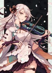Rule 34 | 1girl, akagi shun, bow (music), breasts, bridal gauntlets, chinese clothes, cleavage, cleavage cutout, clothing cutout, green eyes, hair ornament, holding, holding instrument, holding violin, instrument, long hair, looking away, music, original, parted lips, petals, playing instrument, solo, standing, teeth, thigh strap, violin