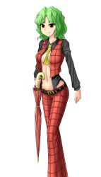 Rule 34 | 1girl, adapted costume, alternate costume, ascot, belt, green hair, grin, hater (hatater), highres, kazami yuuka, long sleeves, looking at viewer, navel, open clothes, open shirt, open vest, pants, parasol, plaid, plaid pants, red eyes, shirt, short hair, simple background, smile, solo, touhou, umbrella, unbuttoned, vest, white background