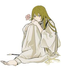 Rule 34 | 1other, :/, androgynous, arms on knees, bored, enkidu (fate), fate/grand order, fate (series), flower, green hair, hair between eyes, half-closed eyes, head rest, highres, holding, holding flower, jitome, kingu (fate), knee up, long hair, long sleeves, nonobe9781, purple eyes, robe, simple background, sitting, solo, very long hair, white background, white robe