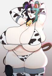 Rule 34 | 1girl, afro puffs, animal ears, animal print, armpits, arms behind head, arms up, black hair, blue hair, breasts, bursting breasts, chestnut mouth, collar, cow ears, cow girl, cow print, cow tail, cowbell, female focus, gradient background, heterochromia, highres, huge breasts, lips, multicolored hair, navel, plump, red eyes, shiny skin, skindentation, solo, strongmoist, tail, thick thighs, thighhighs, thighs, two-tone hair, underboob, wide hips, yellow eyes
