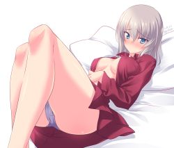 Rule 34 | 1girl, bed sheet, blue eyes, blue panties, blush, breasts, closed mouth, commentary, crotch seam, dated, dress shirt, girls und panzer, highres, itsumi erika, kuromorimine military uniform, kuzuryuu kennosuke, legs, long hair, long sleeves, looking at viewer, lying, medium breasts, military, military uniform, miniskirt, no bra, on back, on bed, one-hour drawing challenge, open clothes, open shirt, panties, pantyshot, pillow, pleated skirt, red shirt, red skirt, shirt, silver hair, skirt, solo, twitter username, underwear, uniform, white background, wing collar