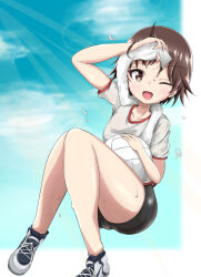 Rule 34 | 1girl, ;d, arm up, ball, bike shorts, black shorts, blue sky, brown eyes, brown hair, cloud, cloudy sky, commentary, cross-laced footwear, female focus, floating, full body, girls und panzer, gym shirt, gym uniform, highres, holding, holding ball, holding towel, isobe noriko, knees up, looking at viewer, naopon918, no socks, one eye closed, open mouth, outside border, shirt, shoes, short hair, short shorts, short sleeves, shorts, sky, smile, sneakers, solo, sweat, t-shirt, towel, towel around neck, volleyball (object), water drop, white footwear, white shirt, wiping sweat