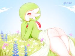 Rule 34 | 1girl, artist name, ass, blue flower, blue sky, blush, bob cut, breasts, closed mouth, cloud, colored skin, creatures (company), day, female focus, flower, from behind, galutine, game freak, gardevoir, gen 3 pokemon, gradient sky, grass, green hair, green skin, hair over one eye, hand up, happy, head rest, highres, jpeg artifacts, large breasts, looking at viewer, looking back, lying, multicolored skin, nintendo, on ground, on stomach, outdoors, pink flower, pokemon, pokemon (creature), red eyes, shiny skin, short hair, sky, smile, solo, two-tone skin, watermark, white flower, white skin