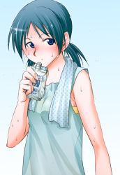 Rule 34 | 10ro, 1girl, armpits, blue eyes, blue hair, blush, drink, exercising, female focus, gradient background, matching hair/eyes, original, parted bangs, short twintails, solo, sweat, tank top, towel, twintails