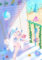 Rule 34 | 1girl, aqua eyes, barefoot, beach, blue bow, bow, chinese commentary, commentary request, dress, hair bow, highres, ivy, long hair, looking at viewer, original, patio swing, plant, porch, potted plant, seashell, shell, shore, sitting, solo, starfish, sundress, twintails, water, wer0, white dress, white hair, wind chime