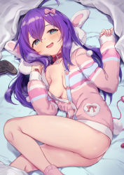 Rule 34 | 1girl, absurdres, ahoge, animal ears, ass, bed sheet, blurry eyes, blush, bow, breasts, buttons, check commentary, collar, collarbone, commentary request, controller, dot nose, eyes visible through hair, from above, green eyes, hair bow, half-closed eyes, hand up, highres, idolmaster, idolmaster million live!, joystick, legs, long hair, looking at viewer, lying, mochizuki anna, no panties, no pants, on bed, open mouth, open pajamas, pajamas, pink pajamas, pink ribbon, pink socks, purple hair, rabbit ears, rabbit pajamas, rabbit tail, ribbon, sex toy, shennai misha, small breasts, smile, socks, solo, tail, thighs, vibrator, vibrator cord