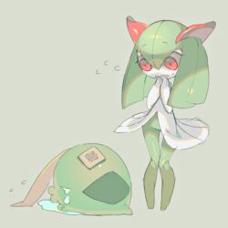 Rule 34 | 1girl, bandages, closed eyes, colored skin, creatures (company), crying, female focus, flying sweatdrops, from side, full body, game freak, gen 3 pokemon, green background, green hair, green skin, green theme, gulpin, hair between eyes, hands up, kirlia, knees together feet apart, long hair, looking at another, looking down, lowres, multicolored skin, nintendo, o3o, open mouth, own hands together, oyama yoihaya, pokemon, pokemon (creature), profile, puddle, red eyes, sidelocks, simple background, standing, sweat, tears, two-tone skin, white skin, wide-eyed
