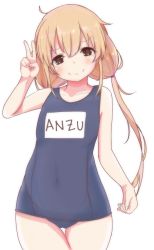 Rule 34 | 10s, 1girl, blonde hair, brown eyes, character name, child, futaba anzu, hard-translated, idolmaster, idolmaster cinderella girls, long hair, looking at viewer, name tag, one-piece swimsuit, ryuu., school swimsuit, simple background, smile, solo, swimsuit, third-party edit, translated, twintails, v, white background