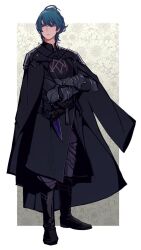 Rule 34 | 1boy, armor, black armor, black cape, black footwear, blue eyes, blue hair, boots, byleth (fire emblem), byleth (male) (fire emblem), cape, closed mouth, commentary, crossed arms, dagger, english commentary, expressionless, fire emblem, fire emblem: three houses, floral background, full body, gauntlets, h ff 0811, hair between eyes, highres, houppelande, knife, male focus, messy hair, nintendo, outside border, shadow, shoulder armor, signature, solo, tassel, weapon