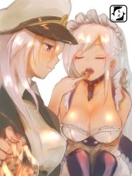 Rule 34 | 2girls, apron, artist logo, azur lane, belfast (azur lane), black coat, black neckwear, braid, breasts, broken, broken chain, chain, cleavage, closed eyes, closed mouth, coat, collar, commentary, cookie, enterprise (azur lane), food, french braid, frilled apron, frills, grey hair, hat, large breasts, maid, maid apron, maid headdress, military hat, multiple girls, neru ika, open clothes, open coat, peaked cap, purple eyes, shirt, sleeveless, sleeveless shirt, upper body, white apron, white background