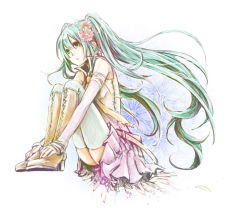 Rule 34 | 1girl, aqua hair, bad id, bad pixiv id, boots, detached sleeves, female focus, flower, full body, gradient background, green eyes, hair flower, hair ornament, hatsune miku, himetachibana, hugging own legs, knee boots, long hair, sitting, skirt, solo, thighhighs, twintails, vocaloid, white background