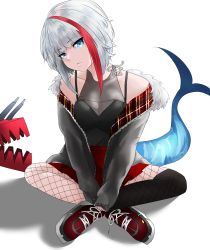 Rule 34 | 1girl, absurdres, admiral graf spee (azur lane), alternate costume, azur lane, bare shoulders, blue eyes, breasts, cleavage, collarbone, commentary, english commentary, fins, fish tail, fishnet legwear, fishnets, head tilt, highres, indian style, looking at viewer, multicolored hair, shark tail, shoes, short hair, simple background, sitting, small breasts, sneakers, solo, spaghetti strap, streaked hair, tail, tini, white background, white hair