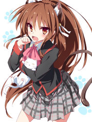 Rule 34 | 1girl, animal ears, bad id, bad pixiv id, bell, bow, brown eyes, brown hair, cat, cat ears, cat tail, fang, lennon, little busters!, long hair, looking at viewer, natsume rin, neo1031, open mouth, pink bow, plaid, plaid skirt, ponytail, school uniform, skirt, solo, tail, white background