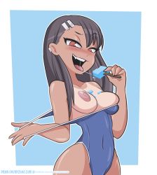 Rule 34 | 1girl, asymmetrical hair, bare shoulders, black hair, blue background, blue one-piece swimsuit, blush, border, breasts, covered navel, dankodeadzone, evil smile, flashing, food, hair ornament, hairclip, highres, ijiranaide nagatoro-san, long hair, looking at viewer, medium breasts, nagatoro hayase, nipples, one-piece swimsuit, open mouth, popsicle, red eyes, saliva, saliva trail, school swimsuit, simple background, smile, solo, swimsuit, tan, tanline, teeth, tongue, tongue out, upper teeth only, white border