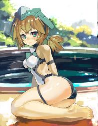 Rule 34 | 1girl, absurdres, aqua eyes, ass, bare shoulders, barefoot, blush, breasts, brown hair, commentary request, cosmic break, day, headgear, highres, looking at viewer, outdoors, philia(cosmic break), ponytail, puribate (helgoland), sitting, solo, swimsuit, thigh strap