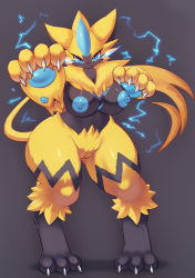 Rule 34 | 1girl, animal ears, animal hands, blue eyes, blue nipples, body fur, breasts, claws, cleft of venus, colored nipples, creatures (company), curvy, electricity, furry, game freak, gen 7 pokemon, gittigiti, highres, large breasts, legendary pokemon, mrrsk, mythical pokemon, nintendo, nipples, pokemon, pussy, slit pupils, thick thighs, thighs, whiskers, wide hips, yellow fur, zeraora