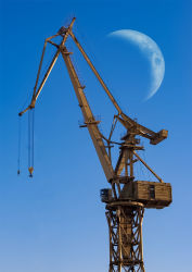 Rule 34 | blue sky, commentary, crane (machine), crescent moon, hoshiumisora, machinery, moon, no humans, original, outdoors, photoshop (medium), scenery, sky