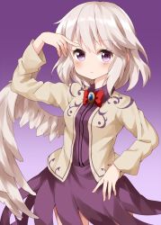 Rule 34 | 1girl, alternate eye color, arm up, beige jacket, blush, bow, bowtie, breasts, brooch, commentary request, cowboy shot, dress, feathered wings, gradient background, hair between eyes, highres, jacket, jewelry, kishin sagume, looking at viewer, medium breasts, one-hour drawing challenge, open clothes, open jacket, purple background, purple dress, purple eyes, red bow, red bowtie, ruu (tksymkw), short hair, silver hair, single wing, solo, touhou, white wings, wing collar, wings