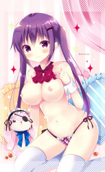 Rule 34 | 1girl, artist name, bitter crown, blue bow, blue bowtie, blush, bow, bow panties, bowtie, breasts, curtains, cushion, diagonal stripes, eyepatch, food, frilled panties, frills, fruit, gochuumon wa usagi desu ka?, hair ornament, hairclip, indoors, kneeling, long hair, looking at viewer, medium breasts, navel, necktie, nipples, panties, plaid, plaid panties, purple bow, purple eyes, purple hair, purple panties, red necktie, side-tie panties, smile, solo, sparkle, strawberry, striped, stuffed animal, stuffed rabbit, stuffed toy, tedeza rize, thighhighs, topless, twintails, underwear, underwear only, white thighhighs