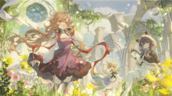 Rule 34 | 3girls, absurdres, ahoge, animal ear fluff, animal ears, arch, arknights, asymmetrical gloves, bag, black capelet, black gloves, black thighhighs, blonde hair, blue hairband, blurry, blurry foreground, blush, bouquet, brown hair, bubble, cape, capelet, cloud, commentary, day, dress, earphones, ears through headwear, eyjafjalla (arknights), falling petals, fingerless gloves, floating hair, flower, fox ears, fox tail, frilled dress, frills, fur-trimmed capelet, fur-trimmed hood, fur trim, gloves, grass, hair between eyes, hairband, half gloves, highres, holding, holding bouquet, honeyberry (arknights), hood, hooded capelet, horns, id card, infection monitor (arknights), ivy, long hair, long sleeves, medium hair, mismatched gloves, multiple girls, outdoors, overgrown, parted lips, petals, pink dress, pink flower, puffy sleeves, purple dress, red eyes, red ribbon, ribbon, ruins, satchel, sheep ears, sheep horns, shirt, squirrel ears, suzuran (arknights), tail, thighhighs, tuzhate, two-tone dress, very long hair, vial, white cape, white dress, white gloves, white shirt, white thighhighs, window, yellow eyes, yellow flower