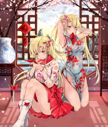 Rule 34 | 2girls, absurdres, adjusting hair, armpits, arms behind head, arms up, ass, bare arms, bare shoulders, blonde hair, boots, bow, breasts, cherry blossoms, china dress, chinese clothes, chinese new year, cleavage, cleavage cutout, closed mouth, clothes between thighs, clothing cutout, cloud, cloudy sky, commentary request, covered navel, day, dema hmw, dress, floral print, grey dress, hair bow, hair bun, hair ribbon, hands up, high heel boots, high heels, highres, indoors, kneeling, knees up, langrisser, long hair, long sleeves, looking at viewer, medium breasts, mouth hold, multiple girls, orange eyes, pelvic curtain, petals, pink ribbon, red bow, red skirt, ribbon, siblings, side slit, sidelocks, single hair bun, sisters, sitting, skirt, sky, sleeveless, sleeveless dress, smile, thighs, tree, vase, very long hair, white dress, white footwear
