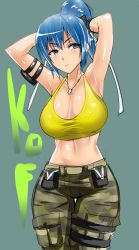 Rule 34 | &gt;:(, 1girl, adjusting hair, armpits, arms up, black gloves, blue eyes, blue hair, blush, breasts, camouflage, camouflage pants, cleavage, closed mouth, cowboy shot, frown, gloves, highres, jewelry, large breasts, leona heidern, looking away, matching hair/eyes, midriff, navel, necklace, okyou, pants, ponytail, shiny skin, solo, stomach, sweat, tank top, the king of fighters, the king of fighters xiv, thigh gap, v-shaped eyebrows