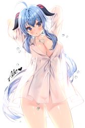 Rule 34 | 1girl, :o, ahoge, aile (crossroads), arms behind head, arms up, artist name, bad id, bad pixiv id, blue hair, blush, breasts, brown eyes, bust cup, cleavage, collarbone, cowboy shot, ganyu (genshin impact), genshin impact, heart, highres, horns, large breasts, long hair, long sleeves, looking at viewer, naked shirt, no bra, no panties, open mouth, see-through, shirt, sidelocks, simple background, solo, thighs, very long hair, water drop, white background