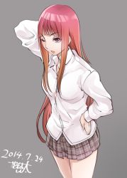 Rule 34 | 1girl, arm up, dated, hand on own hip, long hair, one eye closed, open mouth, original, red eyes, red hair, sakayama shinta, signature, skirt, solo, very long hair