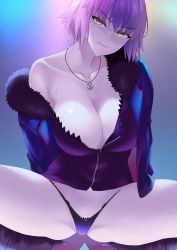 Rule 34 | 1girl, black dress, black footwear, black panties, blue coat, boots, breasts, cleavage, clenched teeth, coat, collarbone, dress, fate/grand order, fate (series), fur-trimmed coat, fur trim, grey hair, highleg, highleg panties, jeanne d&#039;arc alter (fate), jeanne d&#039;arc alter (ver. shinjuku 1999) (fate), jewelry, knee boots, large breasts, long sleeves, looking at viewer, midori aoi, necklace, off shoulder, open clothes, open coat, panties, short dress, short hair, solo, spread legs, squatting, teeth, thighs, underwear, yellow eyes