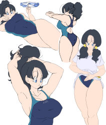 Rule 34 | 1girl, absurdres, armpits, arms up, ass, black hair, blue eyes, breasts, cleavage, clothes lift, competition swimsuit, covered erect nipples, covered navel, dragon ball, dragonball z, female focus, goggles, groin, hazama null, head rest, high ponytail, highres, large breasts, legs, looking at viewer, lying, motion lines, multiple views, on side, one-piece swimsuit, parted lips, shirt, shirt lift, simple background, smile, solo, standing, stretching, swimsuit, swimsuit under clothes, thighs, twintails, tying hair, videl, white background, white shirt