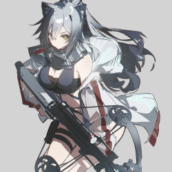 Rule 34 | 1girl, absurdres, animal ear fluff, animal ears, arknights, bare shoulders, black hair, black scarf, bow (weapon), breasts, cat ears, cleavage, closed mouth, crossbow, gradient hair, grey hair, highres, holding, holding crossbow, holding weapon, jacket, large breasts, long sleeves, looking at viewer, multicolored hair, off shoulder, open clothes, open jacket, ponytail, qtian, revealing clothes, scarf, schwarz (arknights), see-through, simple background, solo, thigh strap, weapon, white jacket, yellow eyes