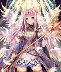 Rule 34 | 1girl, beads, blue skirt, blush, breasts, cha chazi, cleavage, cowboy shot, dress, feathers, gem, hair beads, hair ornament, head wings, jewelry, light purple hair, long hair, looking at viewer, luoxuan jingjie xian, multiple wings, necklace, official art, original, puffy sleeves, purple eyes, robe, skirt, smile, solo, staff, thighhighs, veil, wings, zettai ryouiki
