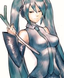 Rule 34 | detached sleeves, fumio (rsqkr), green eyes, green hair, hatsune miku, long hair, necktie, skirt, solo, spring onion, twintails, vocaloid