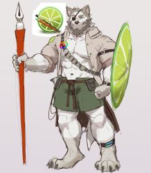 Rule 34 | 1boy, abs, arm belt, bara, bare pectorals, beard, bulge, calf, dual wielding, eyepatch, facial hair, full beard, full body, green shorts, grey fur, highres, holding, holding polearm, holding shield, holding weapon, jacket, large feet, large pectorals, looking ahead, male focus, muscular, muscular male, navel, open clothes, open jacket, original, painttool sai (character), painttool sai (medium), papyuuno, parody, pectorals, personification, polearm, shield, short hair, short shorts, shorts, sleeves rolled up, smile, solo, standing, stomach, thick beard, thick eyebrows, unfinished, weapon, wolf boy
