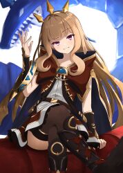 Rule 34 | 1girl, absurdres, arm up, blonde hair, blunt bangs, boots, cagliostro (granblue fantasy), cape, commentary, crossed legs, dragon, female focus, granblue fantasy, grin, head tilt, highres, hood, knee boots, long hair, looking at viewer, purple eyes, ringo pie, short sleeves, sidelocks, sitting, smile, smug, solo, spiked headband, thighhighs, tiara