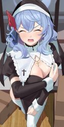 Rule 34 | 1girl, absurdres, ako (blue archive), alternate costume, blue archive, blue hair, blue halo, blush, breasts, closed eyes, cross, cross necklace, facing viewer, from above, habit, haerge, hair between eyes, halo, highres, jewelry, large breasts, long hair, necklace, nun, open mouth, puffy short sleeves, puffy sleeves, short sleeves, solo, thighhighs, white thighhighs