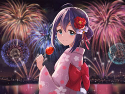 Rule 34 | 1girl, aerial fireworks, ahoge, alternate hairstyle, aqua eyes, blush, bow, breasts, candy apple, cityscape, closed mouth, dot nose, fireworks, floral print, flower, food, from side, hair between eyes, hair flower, hair ornament, highres, holding, holding food, idolmaster, idolmaster million live!, idolmaster million live! theater days, japanese clothes, kimono, long hair, long sleeves, looking at viewer, mochizuki anna, night, night sky, obi, oscar (a7069721), outdoors, pink flower, pink kimono, print kimono, purple hair, red bow, red flower, sash, sky, small breasts, smile, solo, sparkle, upper body, waist bow, water, wide sleeves, yukata