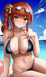 Rule 34 | 1girl, ahoge, arm support, azur lane, ball, bare arms, bare shoulders, beach, beachball, bikini, bird, black bikini, blue sky, blush, breasts, cleavage, closed mouth, cloud, collarbone, commentary request, day, goggles, goggles on head, hair ornament, hand on own chest, highres, large breasts, long hair, mahiro (mahiron1062), navel, ocean, official alternate costume, on ground, orange eyes, outdoors, red hair, resolution mismatch, shiny skin, sidelocks, sitting, sky, smile, solo, source smaller, stomach, sweat, swimsuit, water, wide hips, zara (azur lane), zara (poolside coincidence) (azur lane)