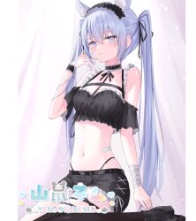 Rule 34 | 1girl, animal ears, bare shoulders, belt, black choker, black footwear, black shirt, black shorts, black thighhighs, blue eyes, breasts, chest harness, choker, closed mouth, crop top, frills, hand up, harness, headdress, highleg, highres, indie virtual youtuber, lisu, long hair, looking at viewer, midriff, mouse ears, navel, off shoulder, panty straps, shirt, shoes, short shorts, shorts, small breasts, smile, solo, stomach, thigh strap, thighhighs, twintails, very long hair, virtual youtuber, white hair, wrist cuffs, yamane nemu (vtuber)