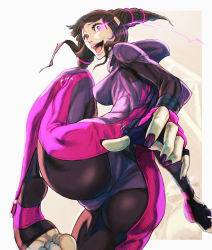 Rule 34 | 1girl, ass, barefoot, biker clothes, bikesuit, blandly vorpal, bodysuit, crazy eyes, crazy smile, feet, fingerless gloves, from behind, gloves, glowing, glowing eye, han juri, looking at viewer, nail polish, open mouth, purple bodysuit, purple eyes, smile, soles, solo, street fighter, street fighter v, toeless legwear, toes
