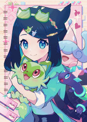 Rule 34 | 1girl, absurdres, black hair, black shorts, blush, closed mouth, colored inner hair, commentary request, cowlick, creatures (company), eyelashes, game freak, gen 8 pokemon, green eyes, green hair, hair ornament, hairclip, haru (haruxxe), hatenna, highres, holding, holding pokemon, jacket, liko (pokemon), multicolored hair, nintendo, open clothes, open jacket, poke ball print, pokemon, pokemon (anime), pokemon (creature), pokemon horizons, shirt, shorts, smile, solo, sprigatito, sunglasses, terapagos, terapagos (normal), white shirt