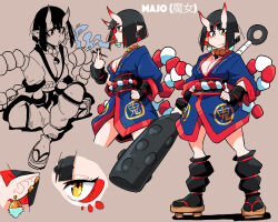 Rule 34 | 1girl, black hair, black socks, breasts, brown background, character sheet, cleavage, club, club (weapon), colored inner hair, ear piercing, earrings, fang, geta, highres, holding club, holding weapon, horns, jewelry, medium breasts, multicolored hair, multiple views, oni, original, piercing, pointy ears, profile, red hair, red horns, scott malin, shadow, short hair, simple background, skin-covered horns, smoke, socks, spiked club, standing, weapon, yellow eyes, yin yang